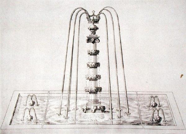 Szökőkút terv a "The Gardens of Wilton" című műből, 1645 körül (metszet) alkotó: Isaac de Caus