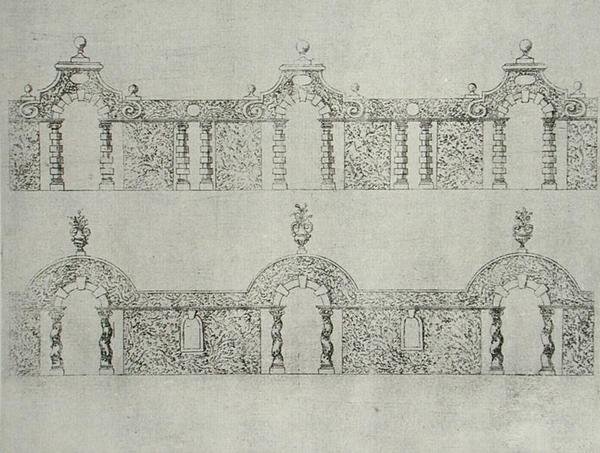 Topiary árkádos sétánytervek a „The Gardens of Wilton”-ból, megjelent 1645 körül (metszet) alkotó: Isaac de Caus
