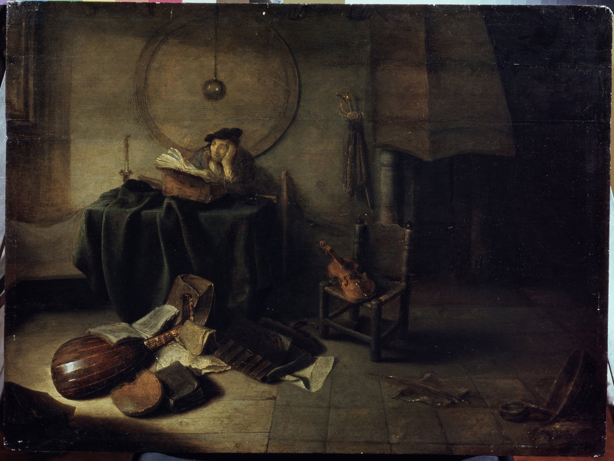 ""Melankólia II"" (Melankólia II (tudós a stúdiójában)) Zenét tanulmányozó férfi, töprengő kifejezés. Isaac de Jouderville (1613-1648) Serpoukhov festménye, Állami Történeti és Művészeti Múzeum alkotó: Isaac de Jouderville