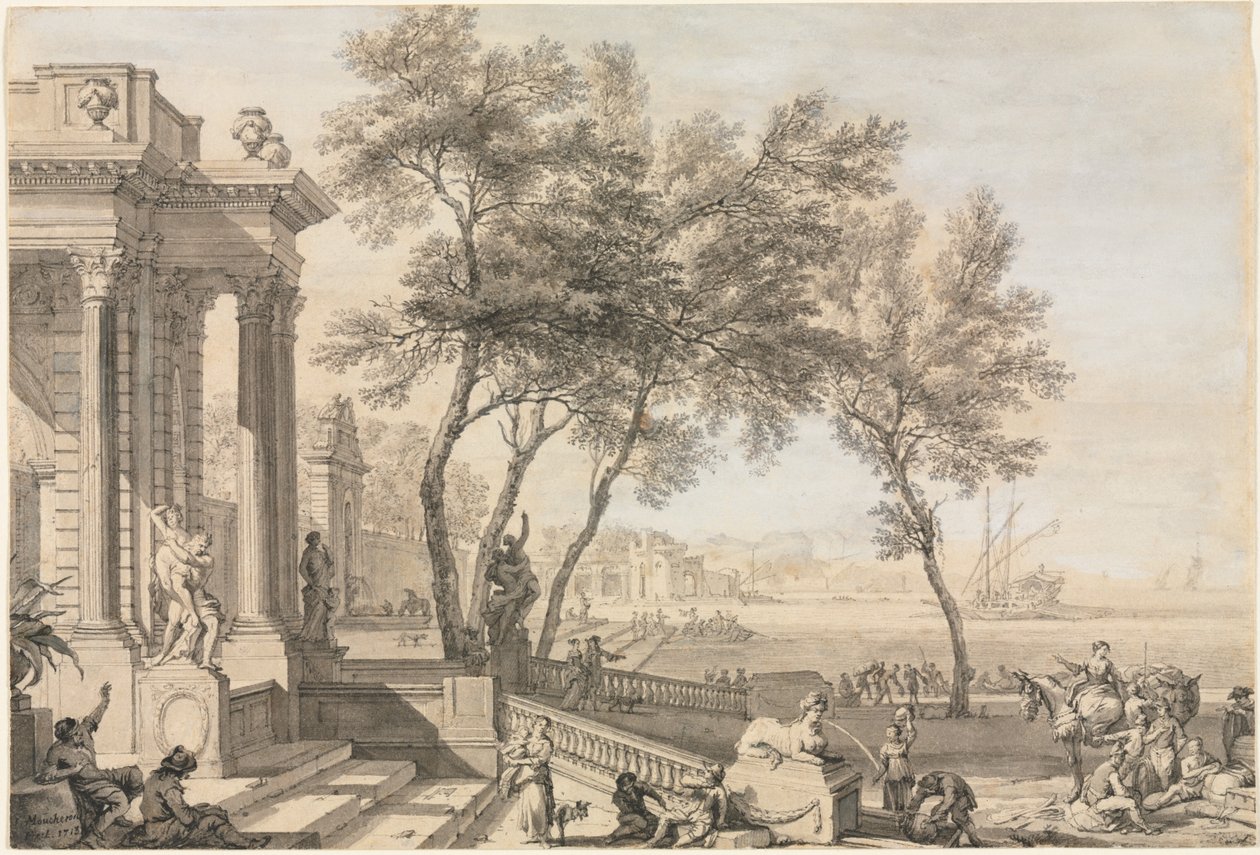 Fantasztikus kikötői jelenet építészettel és figurákkal, 1713. alkotó: Isaac de Moucheron