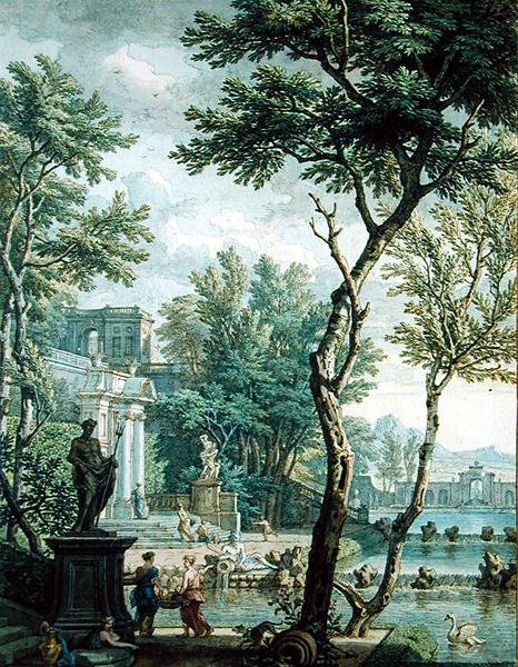 Ideális palota és park (toll és barna tinta és wc papíron) alkotó: Isaac de Moucheron