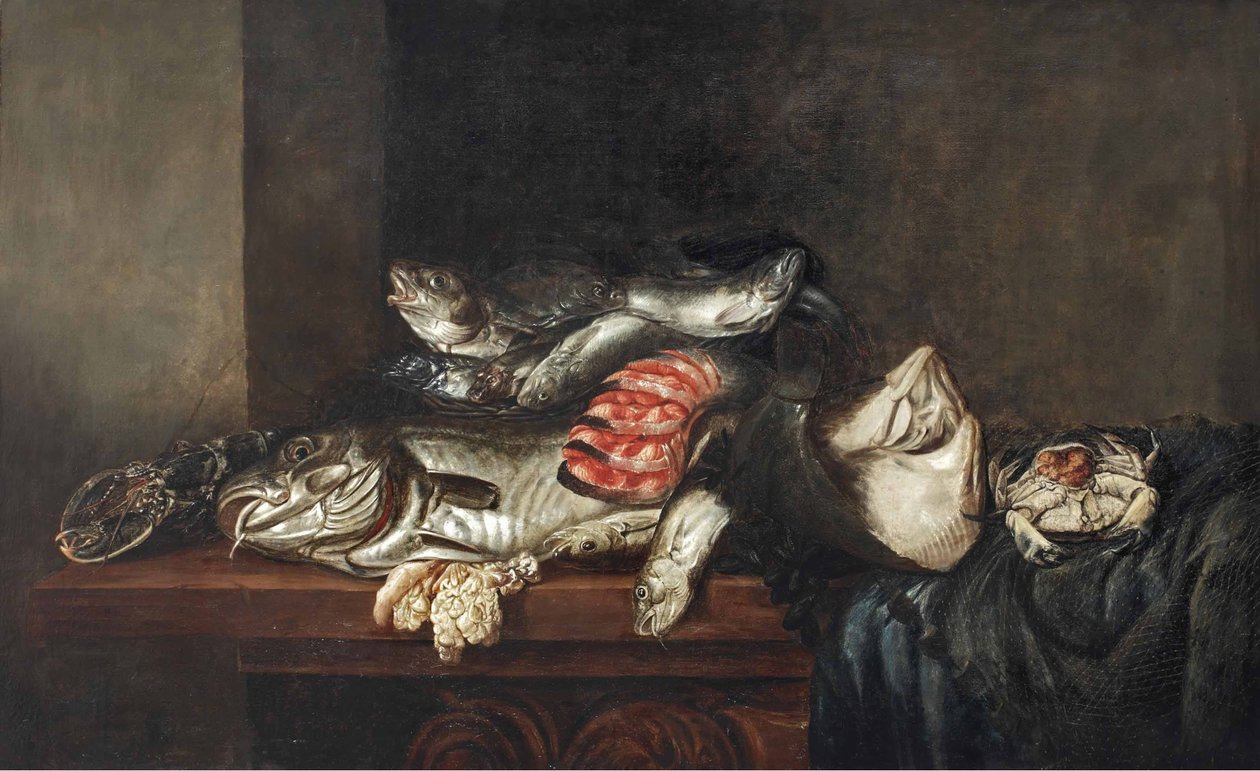 Homár, tőkehal, laposhal, lazac, rák, kagyló és más halak fonott kosárban, halhálóval egy részben drapírozott asztalon. alkotó: Isaac van Duynen