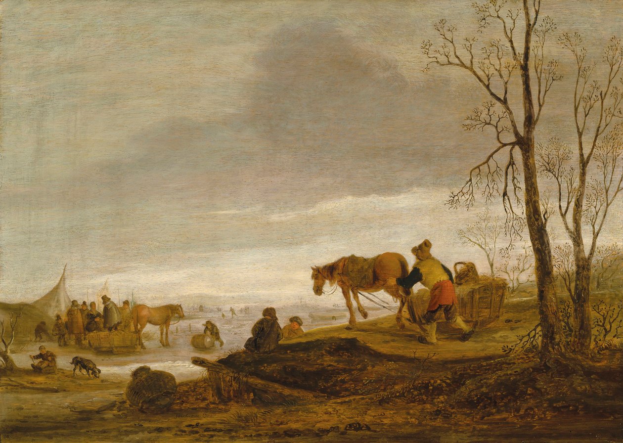 Téli táj, figurákkal a befagyott folyón alkotó: Isaac van Ostade