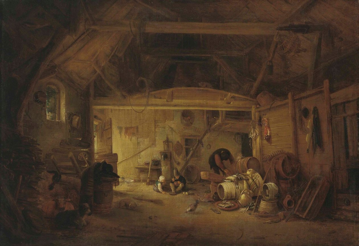 Német: Scheuneninterieur Pajtabelső, két gyermek eszik és egy férfi dolgozik alkotó: Isaac van Ostade