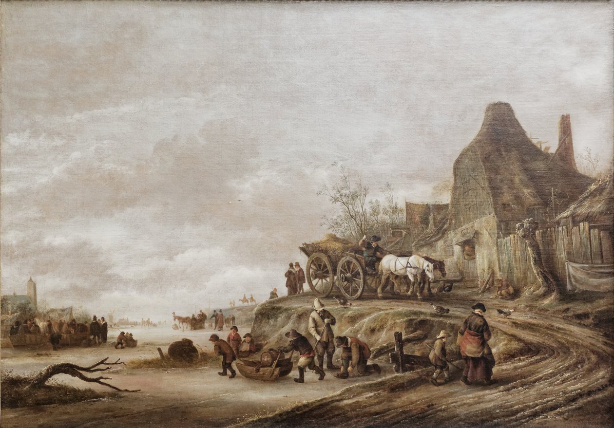 Isaack van Ostade - Befagyott csatorna szekérrel lefelé haladó ösvényen alkotó: Isaac van Ostade