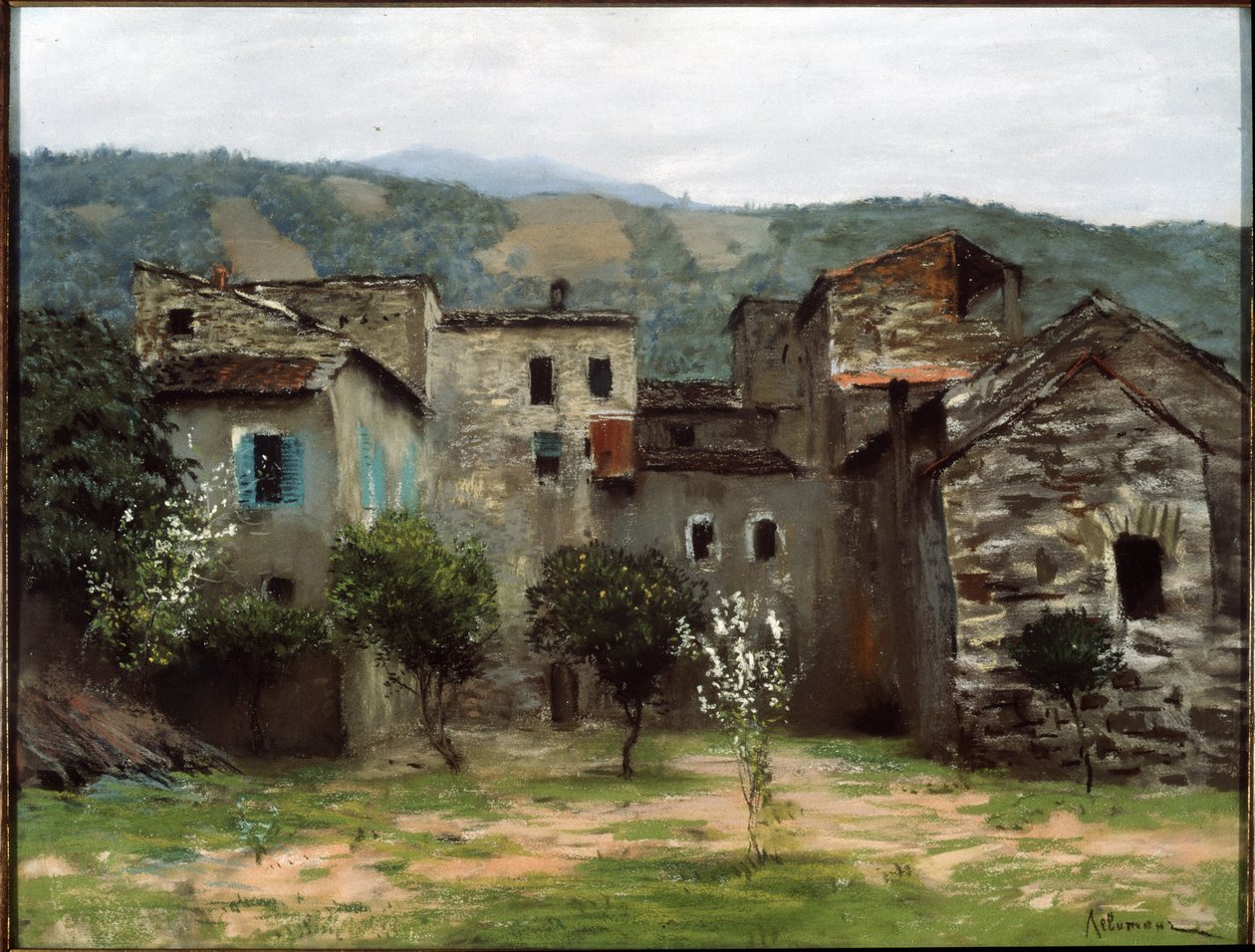 Bordighera közelében, Észak-Olaszországban. (Bordighera közelében. Észak-Olaszországban). Egy liguriai épületcsoport leírása. Isaak (Isaac) Iljics Levitan (1860-1900) munkája, pasztell papíron alkotó: Isaak Ilyich Levitan