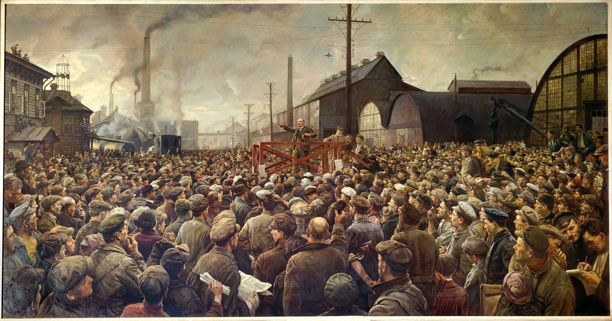 Az 1917-es orosz forradalom: „Lenin a petrográdi Putilov gyár dolgozóihoz beszél alkotó: Isaak Israilevich Brodsky