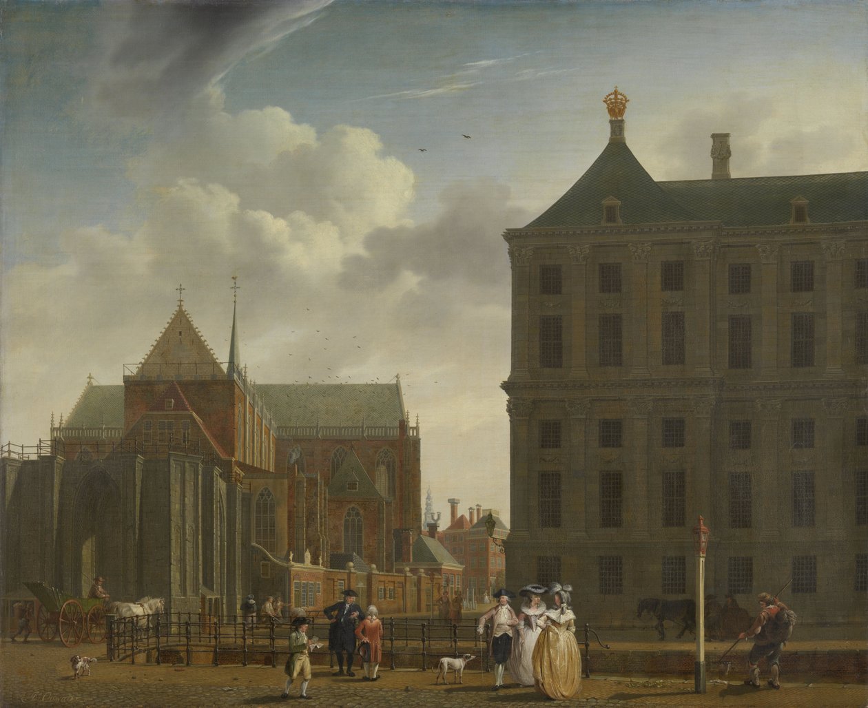 A Nieuwe Kerk és a Városháza a gáton Amszterdamban, 1780-90 körül alkotó: Isaac Ouwater