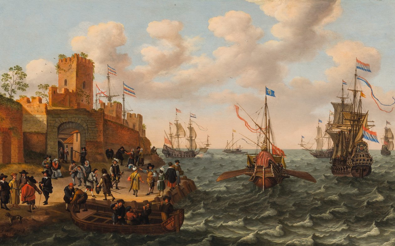 Egy holland hárommester és egy pápai gálya más hajókkal egy erődváros partja mentén, 1662 körül (olaj, tábla) alkotó: Isaak Willaerts