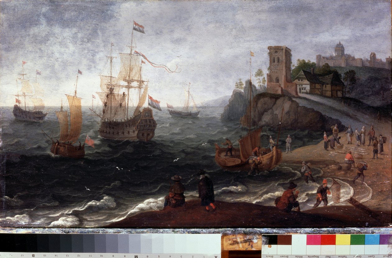 Halpiac a tengerparton (Halpiac a tengerparton). Isaac Willaerts (1620-1693) festménye. Olaj, fa, 35,5 x 67 cm, 1640 körül. 17. századi holland művészet. Állami Történeti és Művészeti Múzeum, Serpukhov (Oroszország). alkotó: Isaak Willaerts