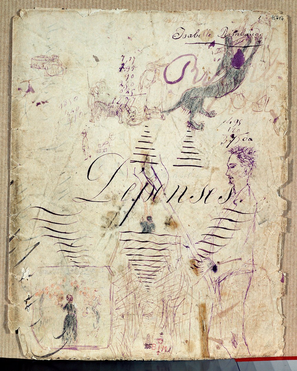 Arthur Rimbaud segíti a betakarítást. Isabelle Rimbaud rajza lila tintával egy költségkönyv vázlatlapjára alkotó: Isabelle Rimbaud