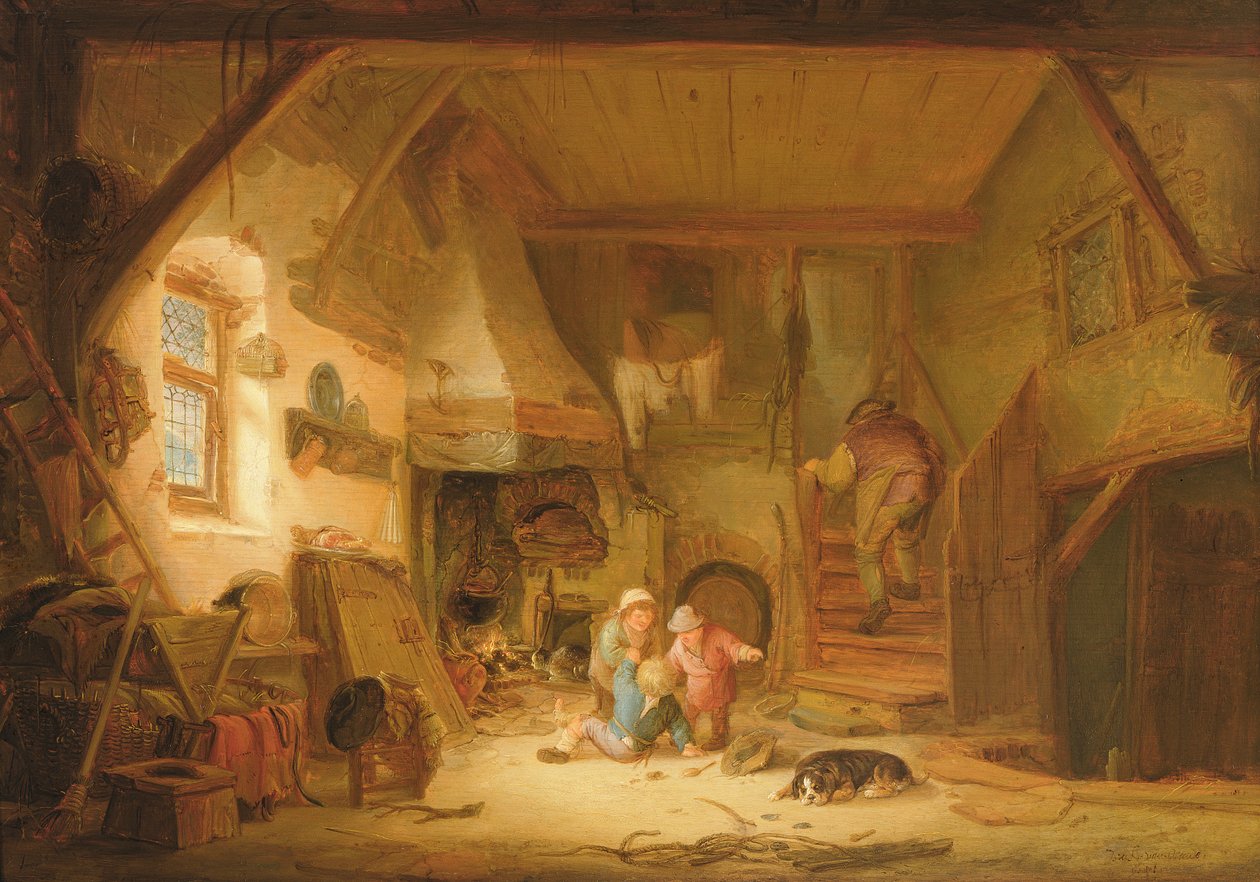 Gyermekek játszanak a házikó tüzénél, 1641 alkotó: Isack van Ostade