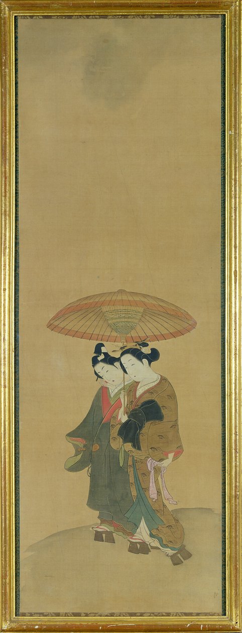 Két szerető egy esernyő alatt (tinta és szín a selyemen) alkotó: Ishikawa Toyonobu