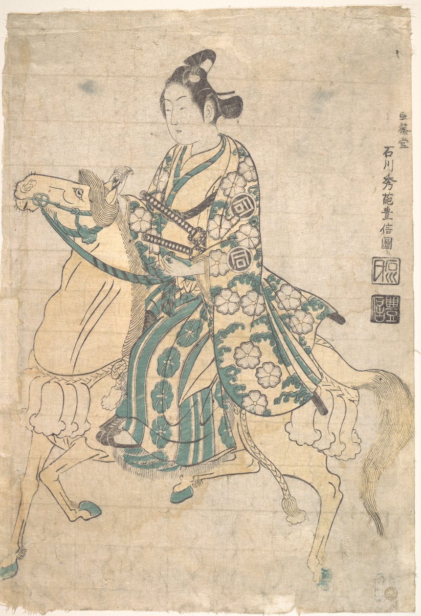 Sanokawa Ichimatsu színész, mint fiatal szamuráj lóháton alkotó: Ishikawa Toyonobu