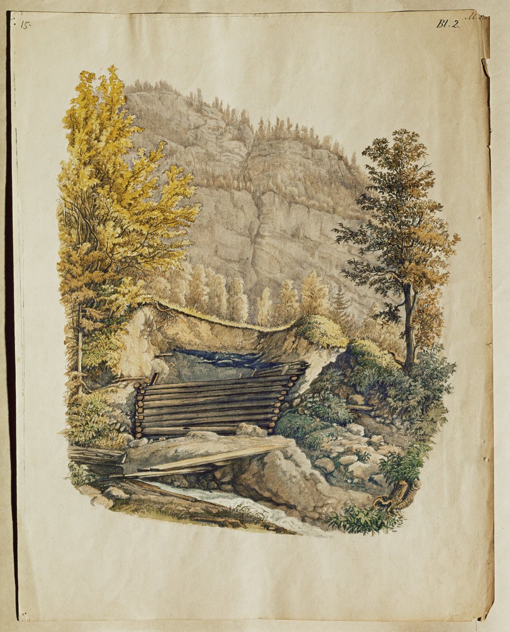 Egy 1846 után Johann Georg Ramsauer által felfedezett hallstatti tömbház helye és fala ... alkotó: Isidor Engel