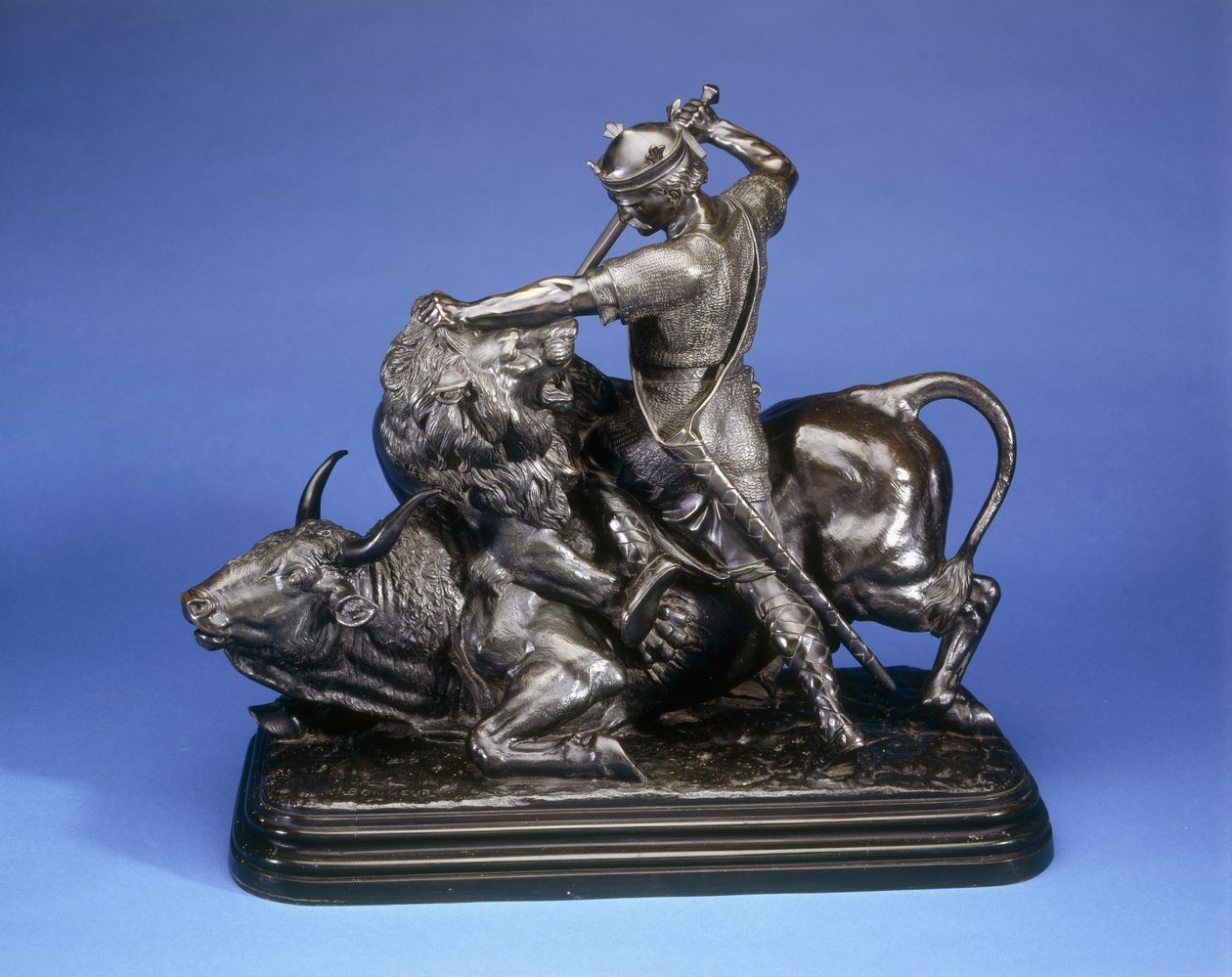 Egy bikára támadó oroszlánt megölő király, 1874 körül (fekete patinás bronz) alkotó: Isidore Jules Bonheur