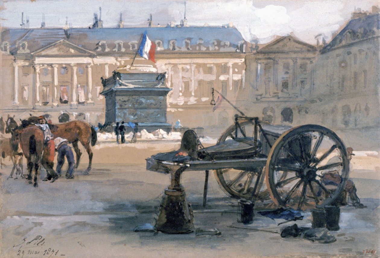 A Vendome oszlop esése, 1871. május 29. (akvarell papíron) alkotó: Isidore Pils