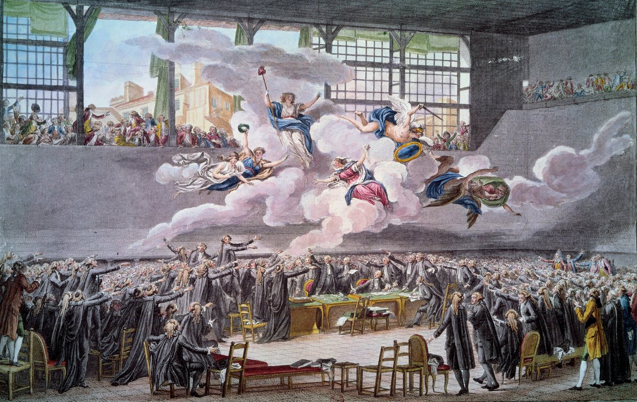 Francia forradalom: „” Le oath du jeu de Paume le 20 juin 1789”” A képviselők esküsznek, hogy nem választják el magukat, amíg az alkotmányt ki nem javítják. Isidore Helman (1743-1809) metszete 1789 Párizs, B.N. alkotó: Isidore Stanislas Helman