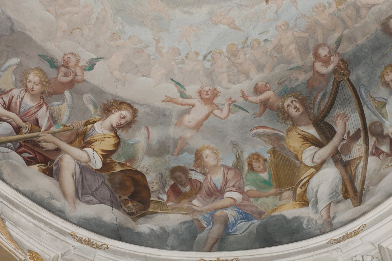 Angyalok, zenész angyalok és puttók, a Paradicsom részlete az örökkévaló Atyával, 1623-34 körül (3496185 részlet) alkotó: Isidoro Bianchi