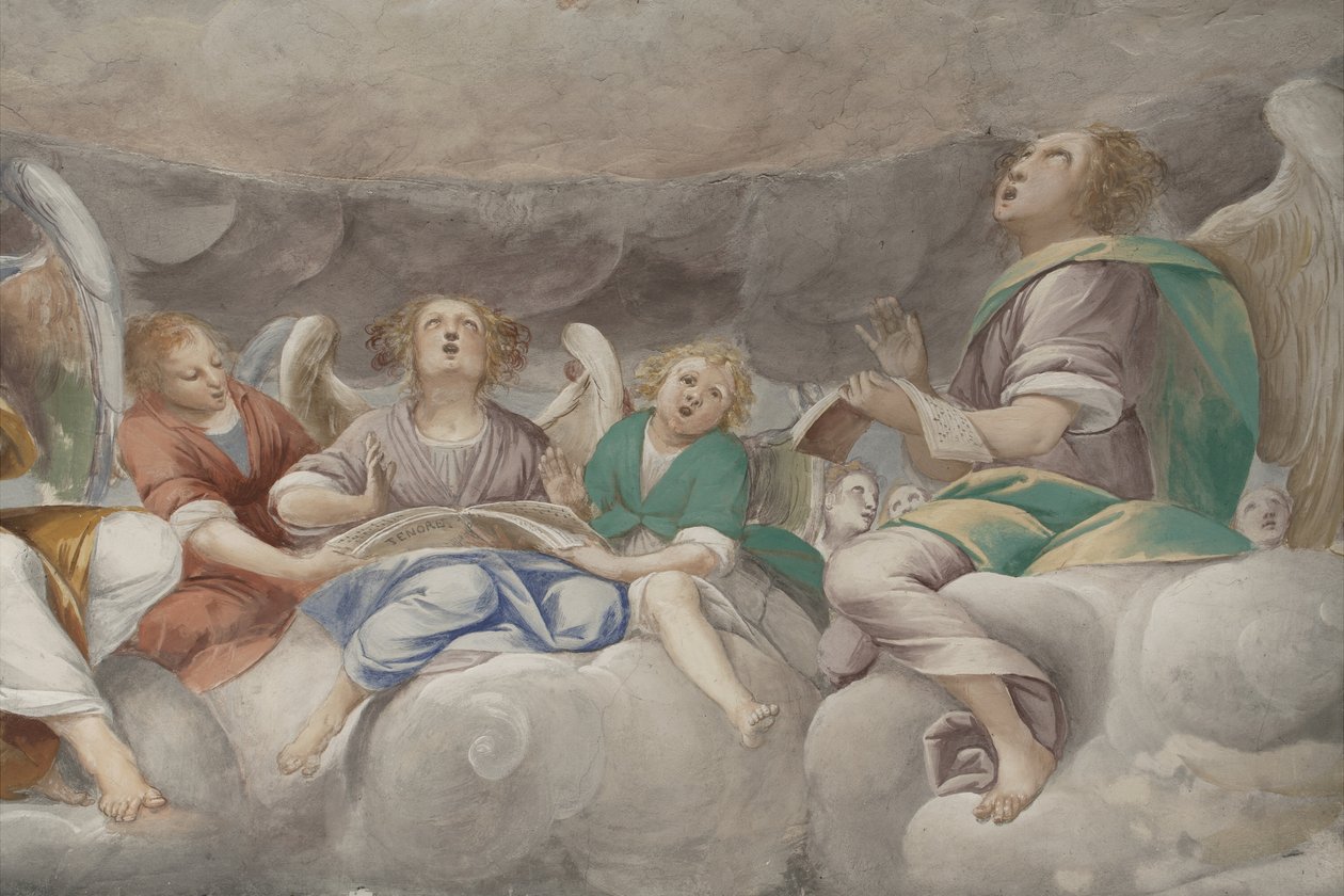 Angyalok, zenész angyalok és puttók, a Paradicsom részlete az örökkévaló Atyával, 1623-34 körül (3496185 részlet) alkotó: Isidoro Bianchi