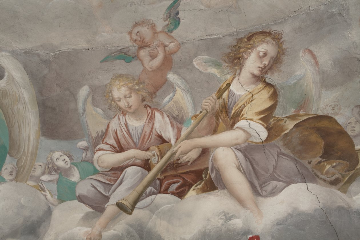 Angyalok, zenész angyalok és puttók, a Paradicsom részlete az örökkévaló Atyával, 1623-34 körül (3496185 részlet) alkotó: Isidoro Bianchi