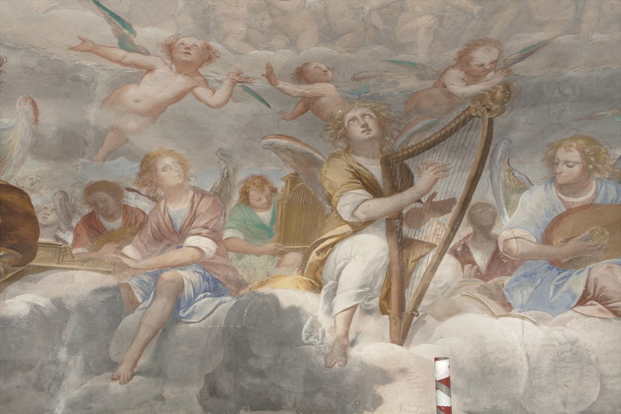 Angyalok, zenész angyalok és puttók, a Paradicsom részlete az örökkévaló Atyával, 1623-34 körül (3496185 részlet) alkotó: Isidoro Bianchi