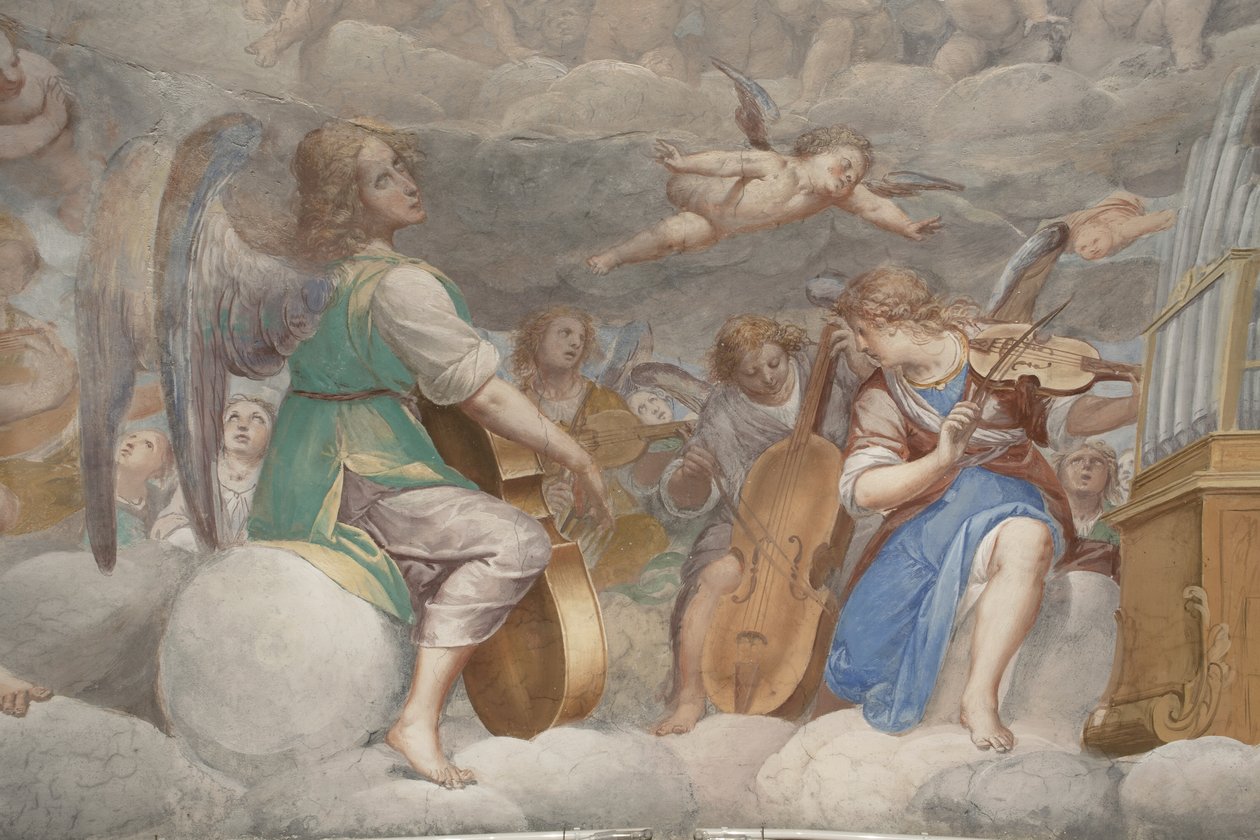 Angyalok, zenész angyalok és puttók, a Paradicsom részlete az örökkévaló Atyával, 1623-34 körül (3496185 részlet) alkotó: Isidoro Bianchi