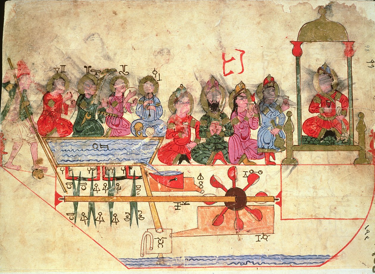 Hajó automatával, illusztráció az Al-Djazari "Mechanikai eszközök ismereteinek könyvéből", 1206 alkotó: Islamic School