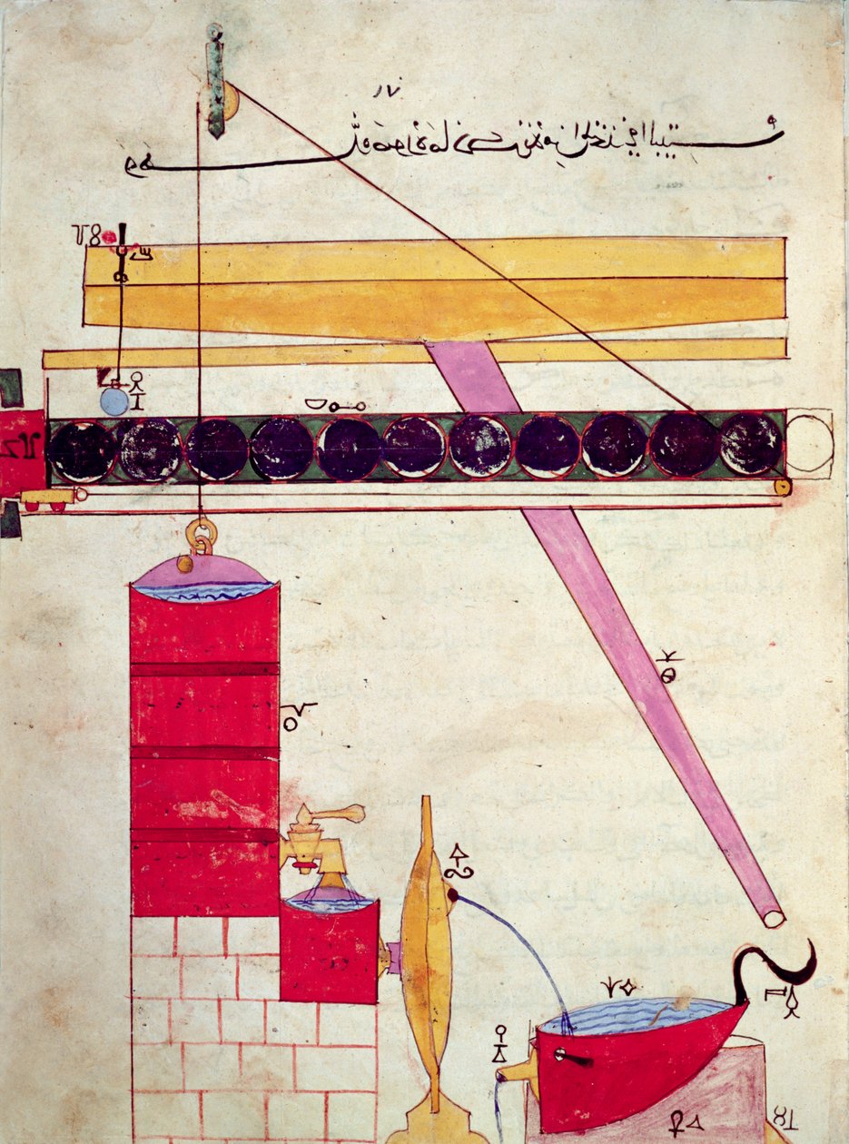 Készülék egy szökőkút vízellátására, Al-Djazari „Letényes mechanikai eszközök tudásának könyve”, 1206 alkotó: Islamic School