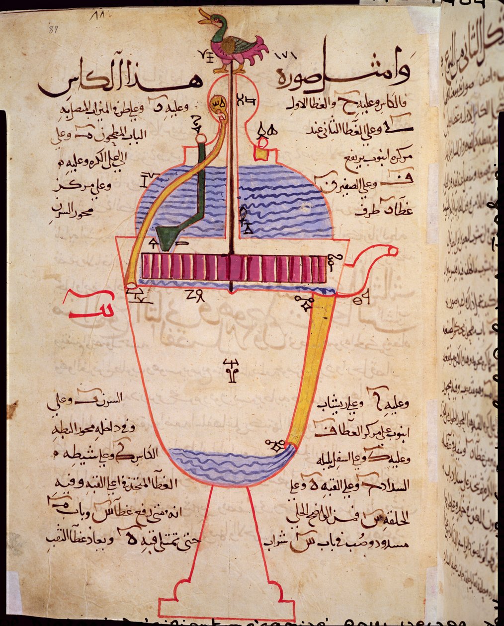 Mechanikus eszköz vízöntéshez, illusztráció a „Letényes mechanikai eszközök ismereteinek könyvéből”, Al-Djazari, 1206 alkotó: Islamic School