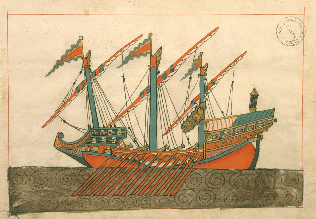 Ms. cicogna 1671, miniatűr a "Memory Turchese"-ből, amely egy török gályát ábrázol egyetlen fénnyel alkotó: Islamic School