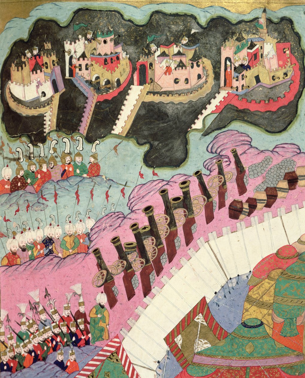 Egy keresztény erőd ostroma, a tüzérség részlete, illusztráció: Lokman I. Szulejmán (1494-1566) katonai hadjáratai (Hunername), Lokman alkotó: Islamic School