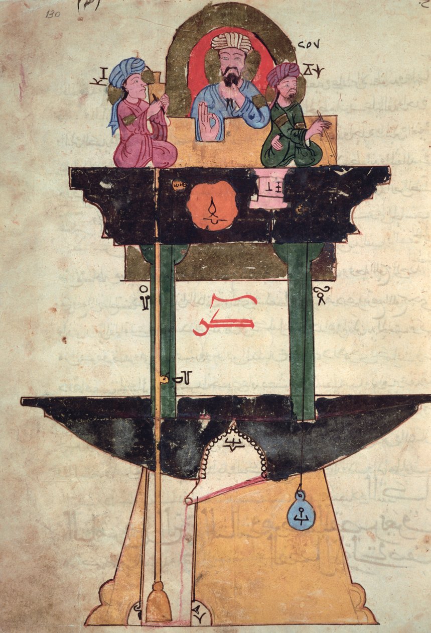 Vízóra automatizált figurákkal, Al-Djazari „Letényes mechanikai eszközök tudásának könyve”, 1206 alkotó: Islamic School