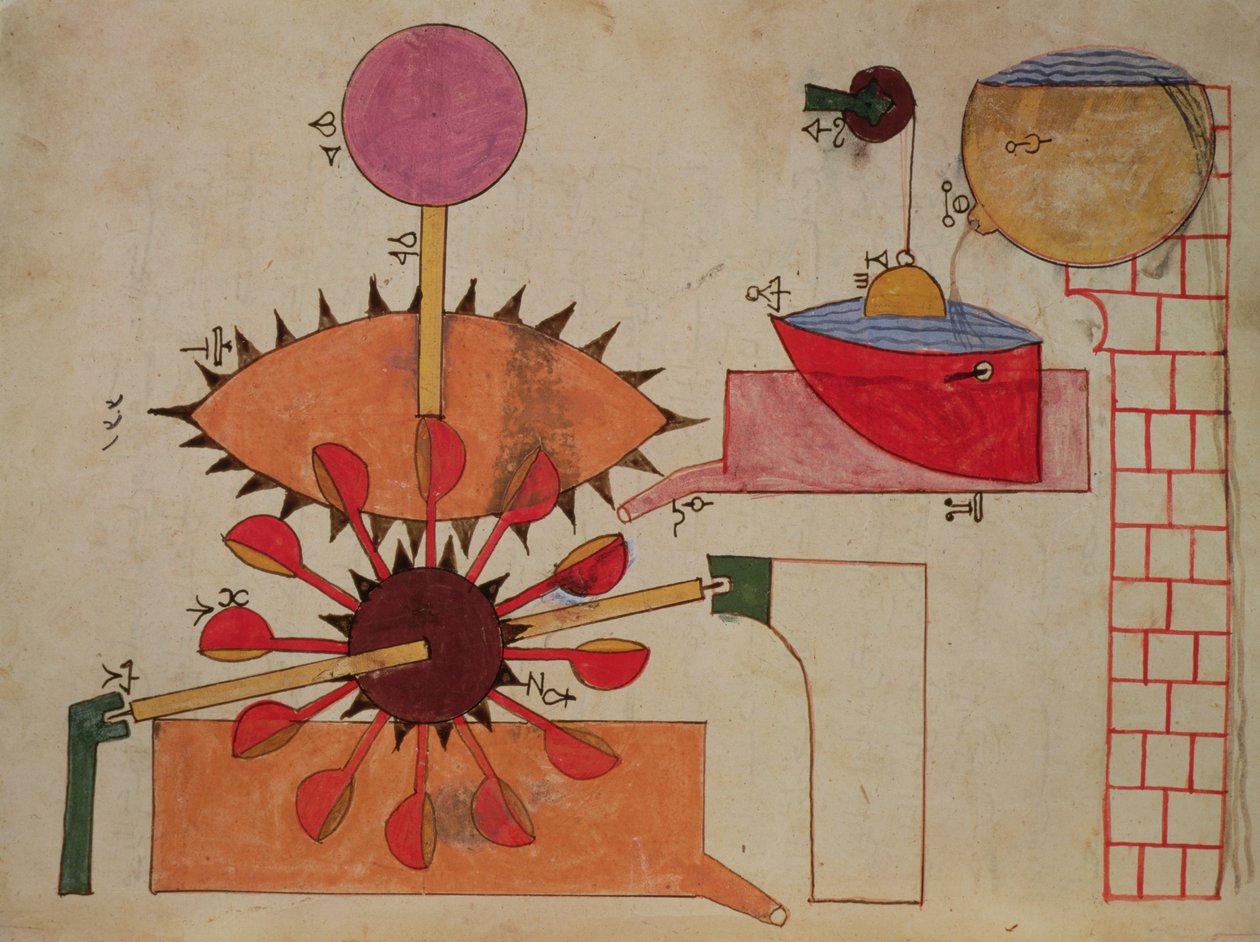 A víz medencébe szivattyúzására szolgáló rendszer diagramja, Al-Jazari leleményes mechanikai eszközök ismeretének könyve, 1206 alkotó: Islamic School