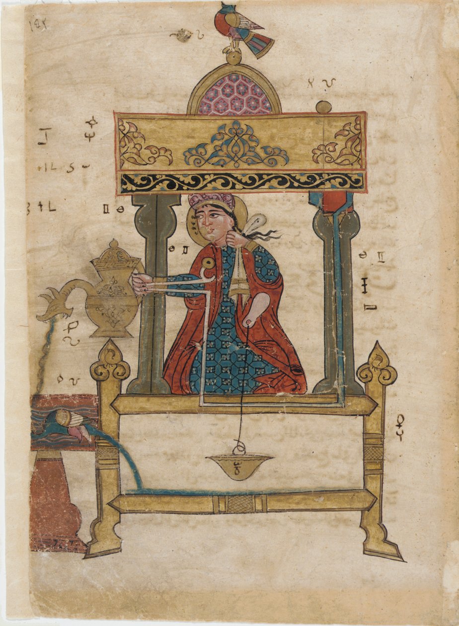 Kézmosó automata öblítő mechanizmussal, fólió a The Book of Genious Mechanical Devices-ből; Al-Djazari, 1315 (átlátszatlan wc, tinta és arany papíron) alkotó: Islamic School