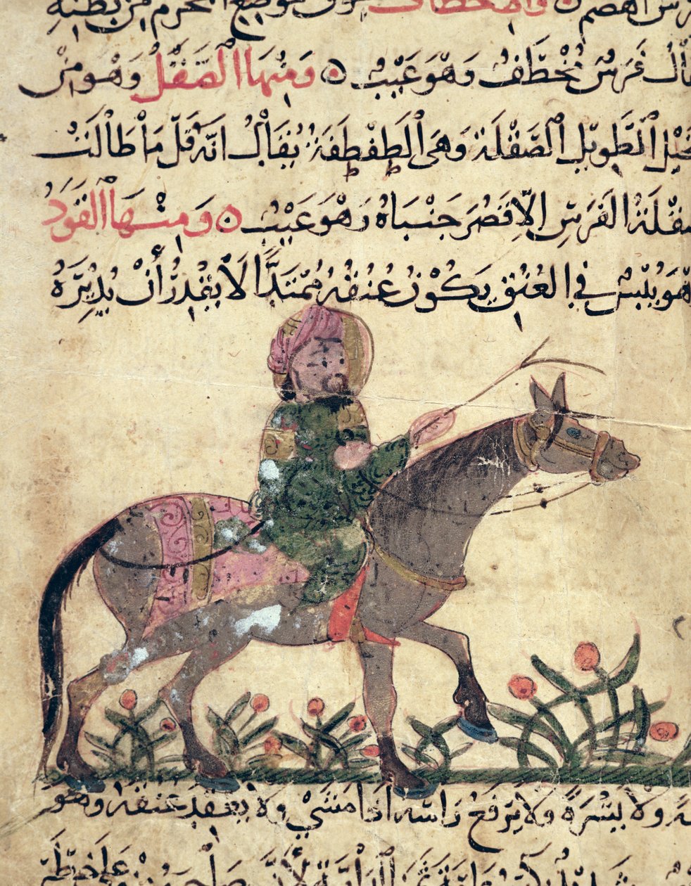 Ló és lovas, illusztráció Ahmed ibn al-Husszein ibn al-Ahnaf "A kovácsmesterség könyve" című művéből, 1210. alkotó: Islamic School