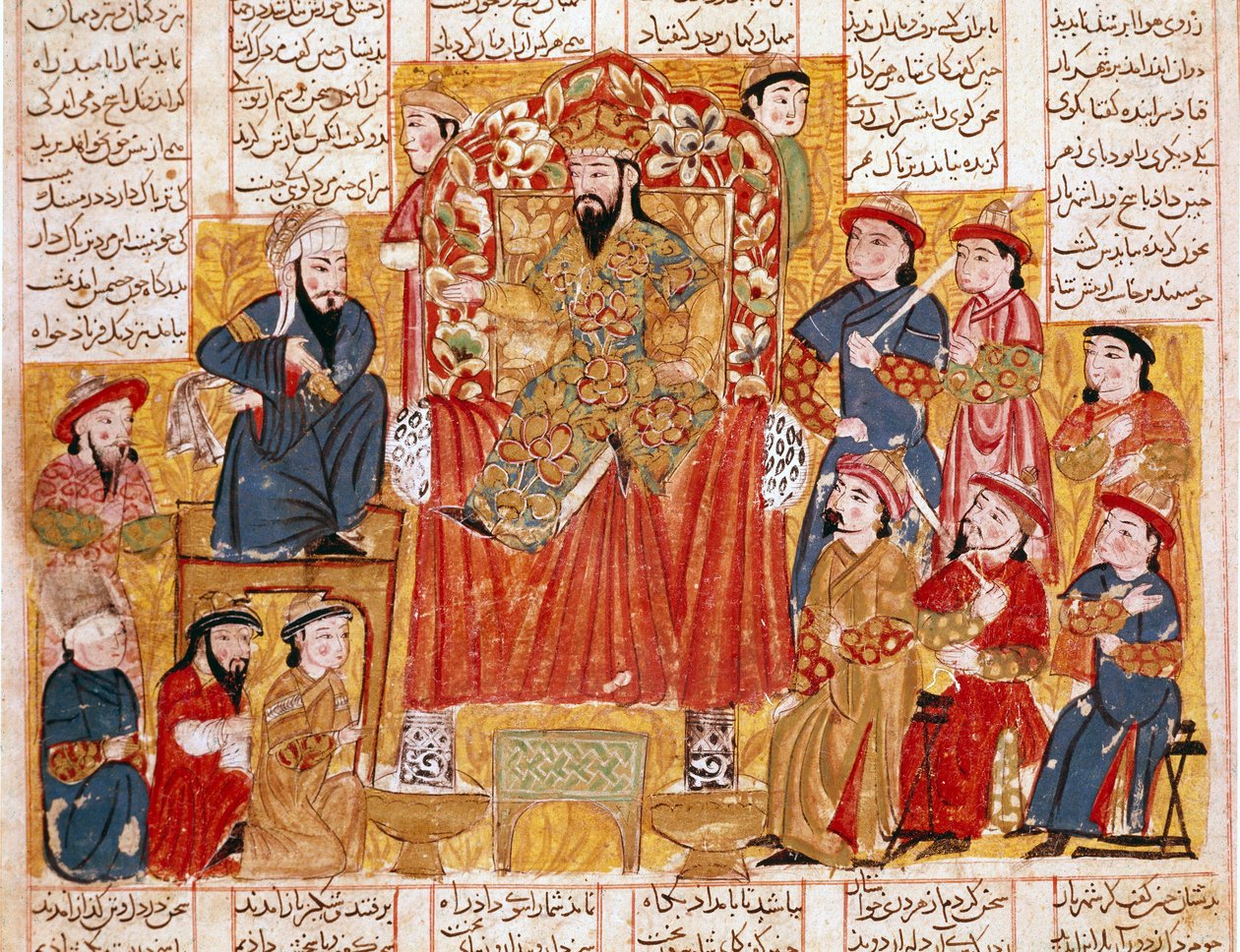 Iszlám művészet: „” Egy szultán és udvara”” perzsa miniatűr Ferdowsi (Firdawsi vagy Ferdawsi vagy Firdousi) „” Shahnameh”” (Shah Nama, Shahnama) (Királyok könyve) című epikus költeményének kéziratából. 940-1020 körül) 1330 körül Topkapi múzeum, Isztambul alkotó: Islamic School