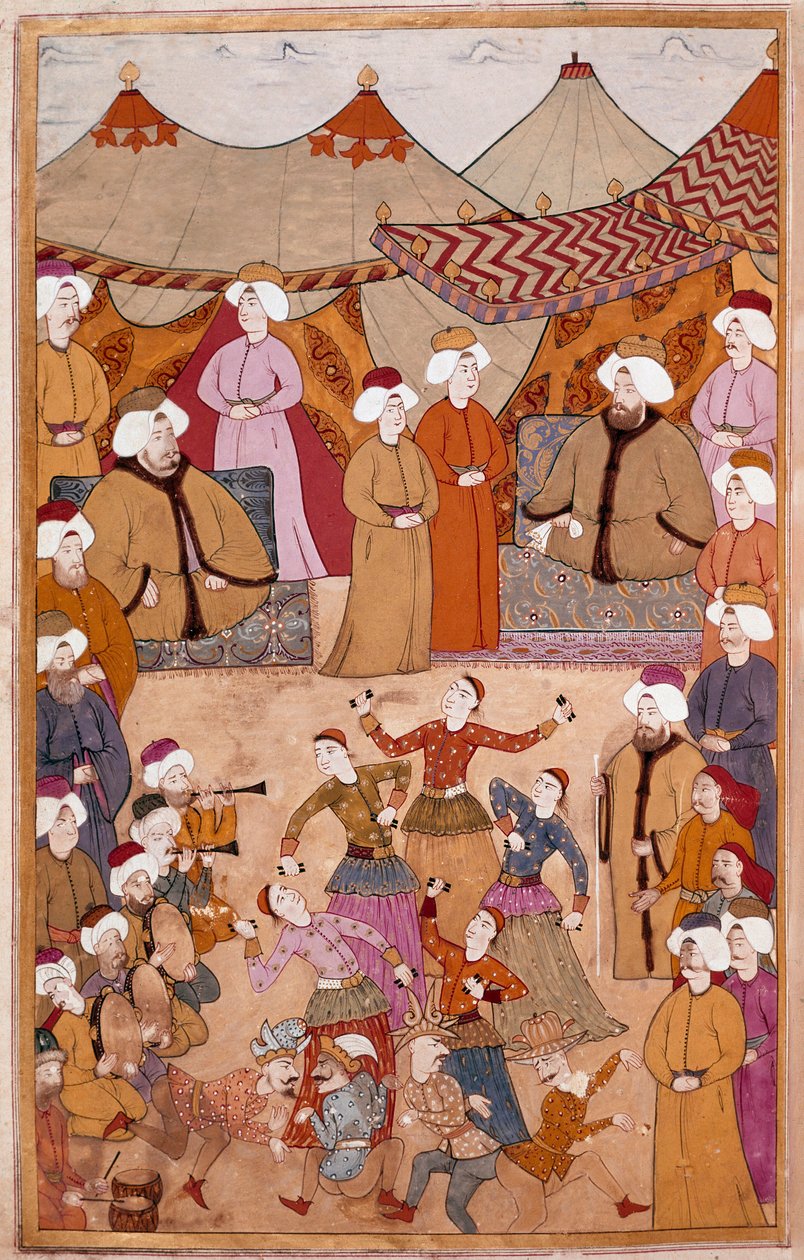 Iszlám művészet: „” Tánc III. Ahmet szultán (1673-1736) örömére”” Gouache Levni papíron a „” Surnama”-ból” (becenév i) Vehbi) Debütáló 18. századi Topkapi Saray Múzeum, Isztambul alkotó: Islamic School