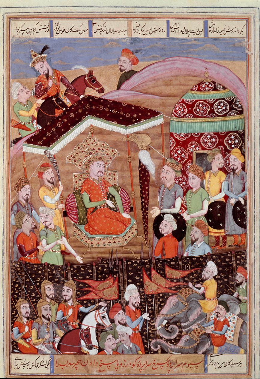 Iszlám művészet: „” Sohrab (Szaharab) a perzsa hadsereg vezetőinek fekete sátrát nézi””” Perzsa miniatűr a „” Shahnameh” című epikus költemény kéziratából” (Shah Nama, Shahnama) (Királyok könyve) Ferdowsi (Firdawsi vagy Ferdawsi, vagy Firdousi, kb. 6 alkotó: Islamic School