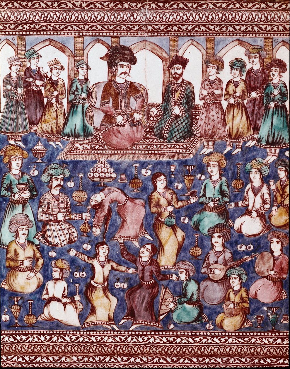 Iszlám művészet: a Nasser-al-Din udvar zenészei és táncosai (Nasser al-Din vagy Nasser al-Din, de Nassereddin vagy Nassiruddin is alkotó: Islamic School