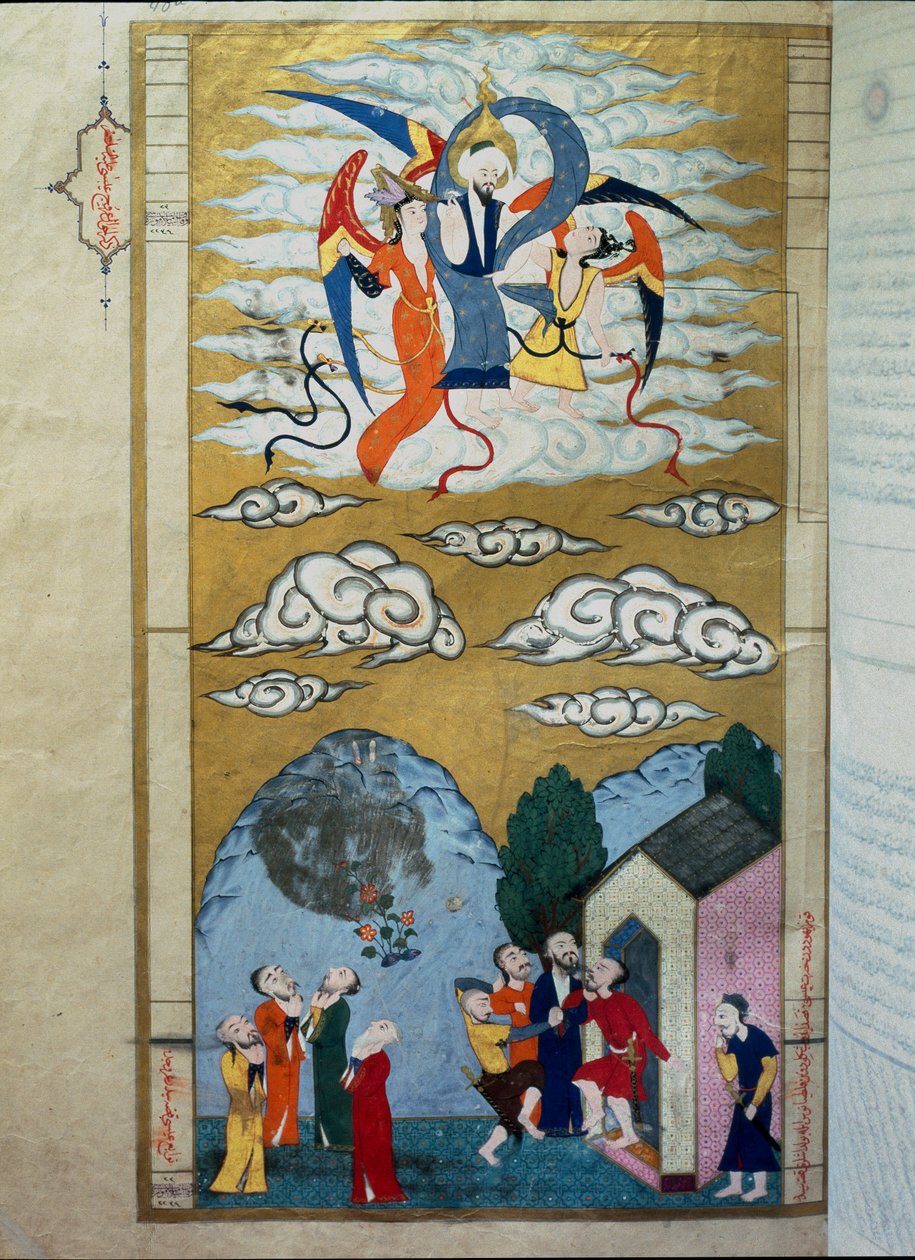 Isa próféta mennybemenetelének iszlám ábrázolása (Isa ibn Marym: Jézus) Miniatűr Seyyyid Loqman (Lokman) Ashuri történész „Zubdat al Tawarikh” (Krém vagy a történetek szép virága) kéziratából alkotó: Islamic School