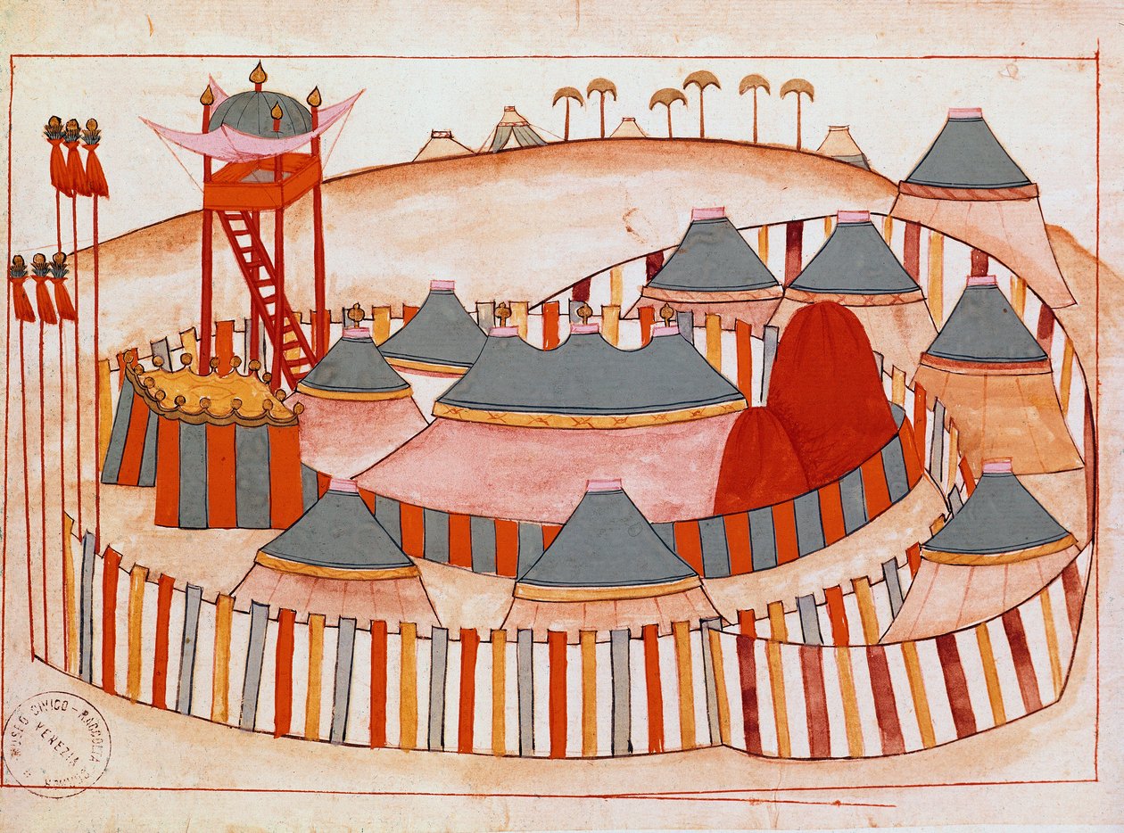 A törökök katonai tábora Gouache az iszlám iskola papírján (Ms 1671) 16. századi Velencei Múzeum Correr alkotó: Islamic School