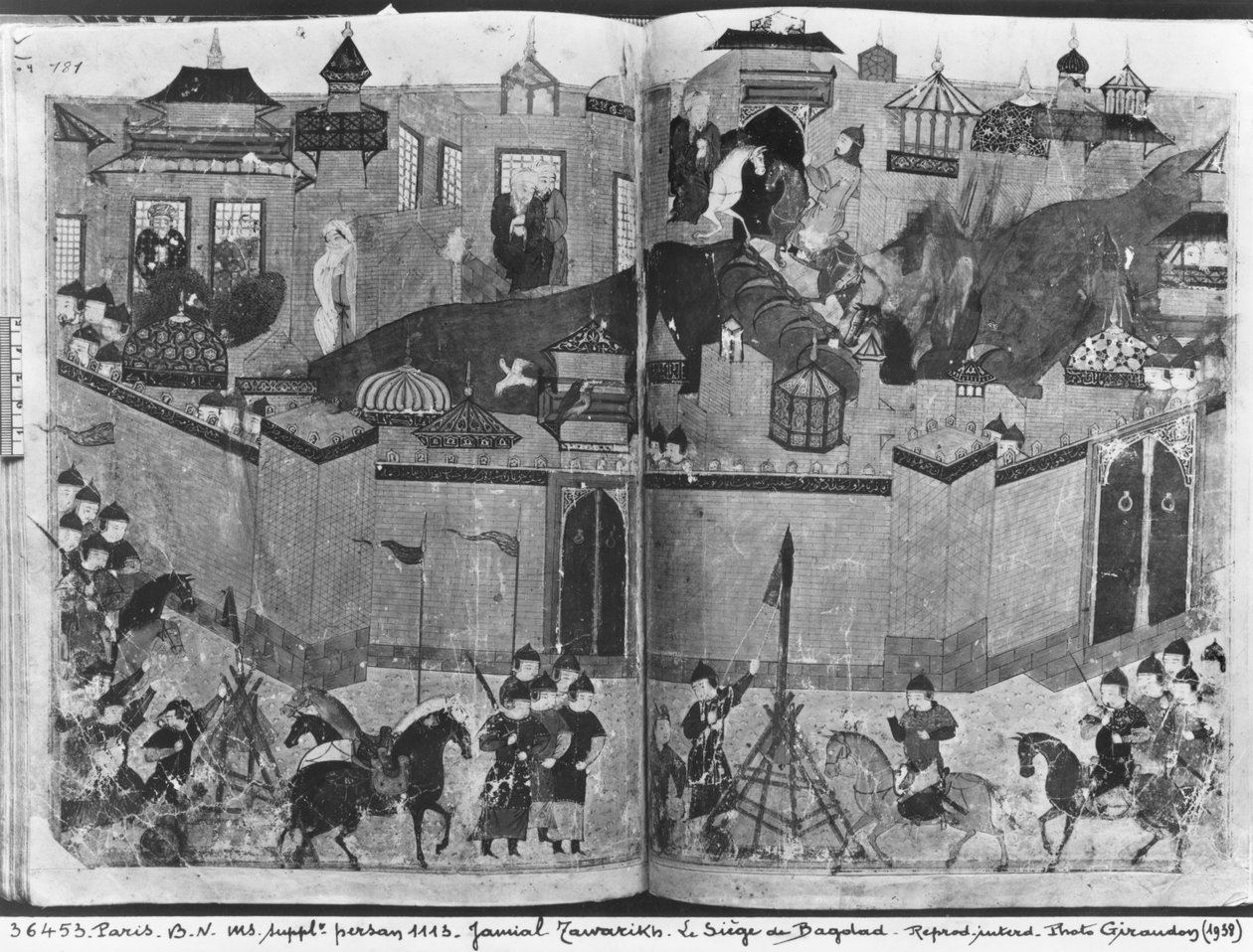 Ms Suppl Persan 1113 f.180-181 Mongolok Hulagu kán vezetésével 1258-ban megrohamozzák és elfoglalják Bagdadot, Rasid al-Din „Dzsami al-Tawarikh”-jából, 1310 körül alkotó: Islamic School