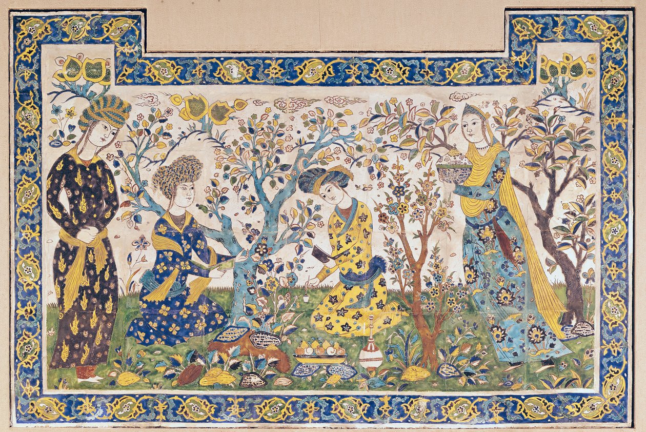 A kertben pihenő alakokat ábrázoló falfestmény a Tchehel Sutunból vagy a negyven oszlopból álló pavilonból, amelyet II. Abbász sah (1642-66), perzsa, Iszfahánból, Iránból épített (kerámia csempék) alkotó: Islamic School