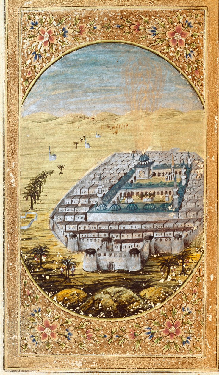 Kilátás Mekkára (La Mekke), a muszlim zarándoklat helyére és az Arafat-hegy (Arafah) síkságára, Szaúd-Arábia. Az oldal a Korán egyik kiadásából származik alkotó: Islamic School