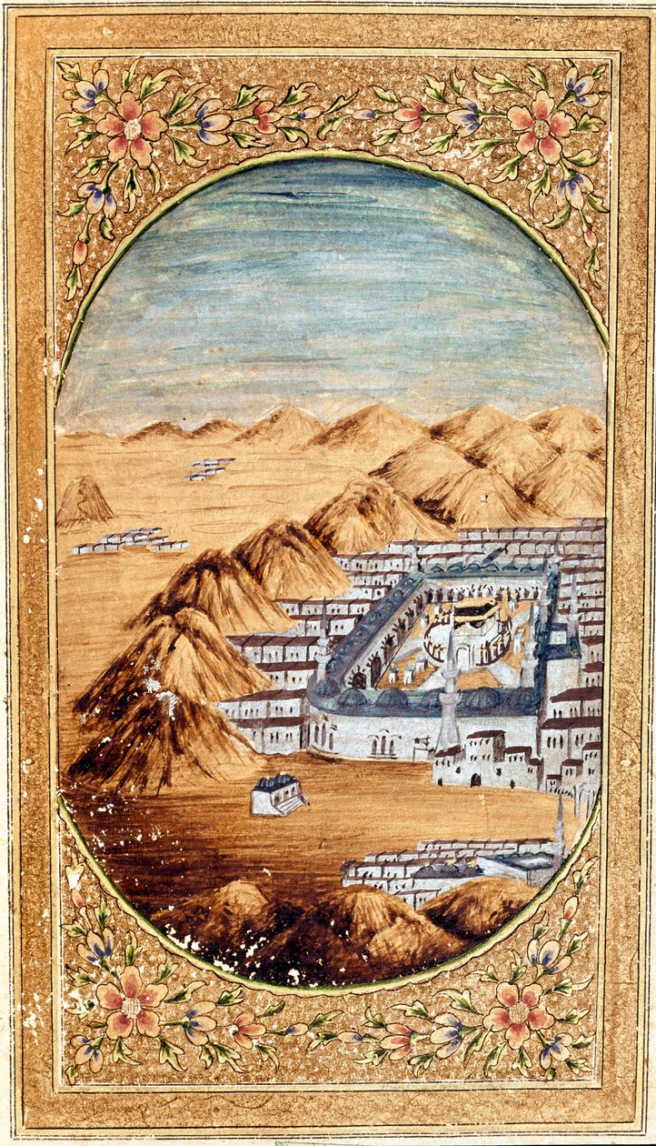 Kilátás Mekkára (La Mekke), a muszlim zarándoklat helyére és az Arafat-hegy (Arafah) síkságára, Szaúd-Arábia. Az oldal a Korán egyik kiadásából származik alkotó: Islamic School