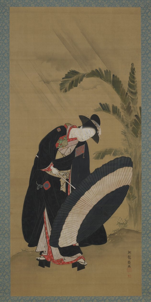 Nyár: egy fiatal nő, aki esernyőt tesz fel, Edo-korszak, 1772-80 körül (szín és arany selyemen) alkotó: Isoda Koryusai