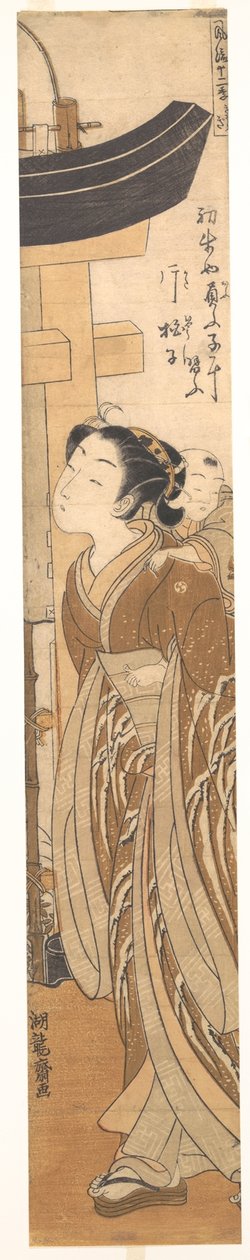 Eine Frau mit einem Kind auf dem Rücken nahe dem Eingang zu einem Tempel alkotó: Isoda Koryusai
