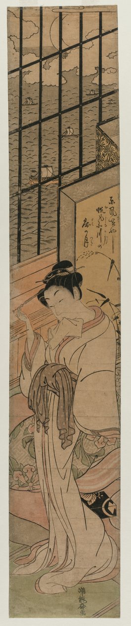 Courtesan egy szobában, kilátással az Edo-öbölre, c. 1770. alkotó: Isoda Koryusai