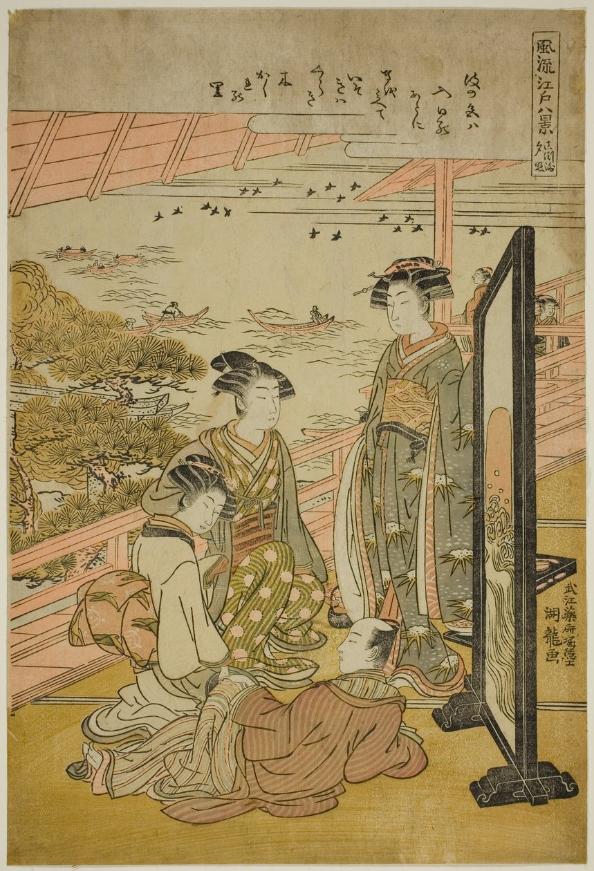 Képművész g Gow at Matsuzaki (Matsuzaki no Sekisho), a Te sorozatból: „Angol ght Fasio Nabe Vie ws of Edo (Furu Eight Views of Edo)” alkotó: Isoda Koryusai